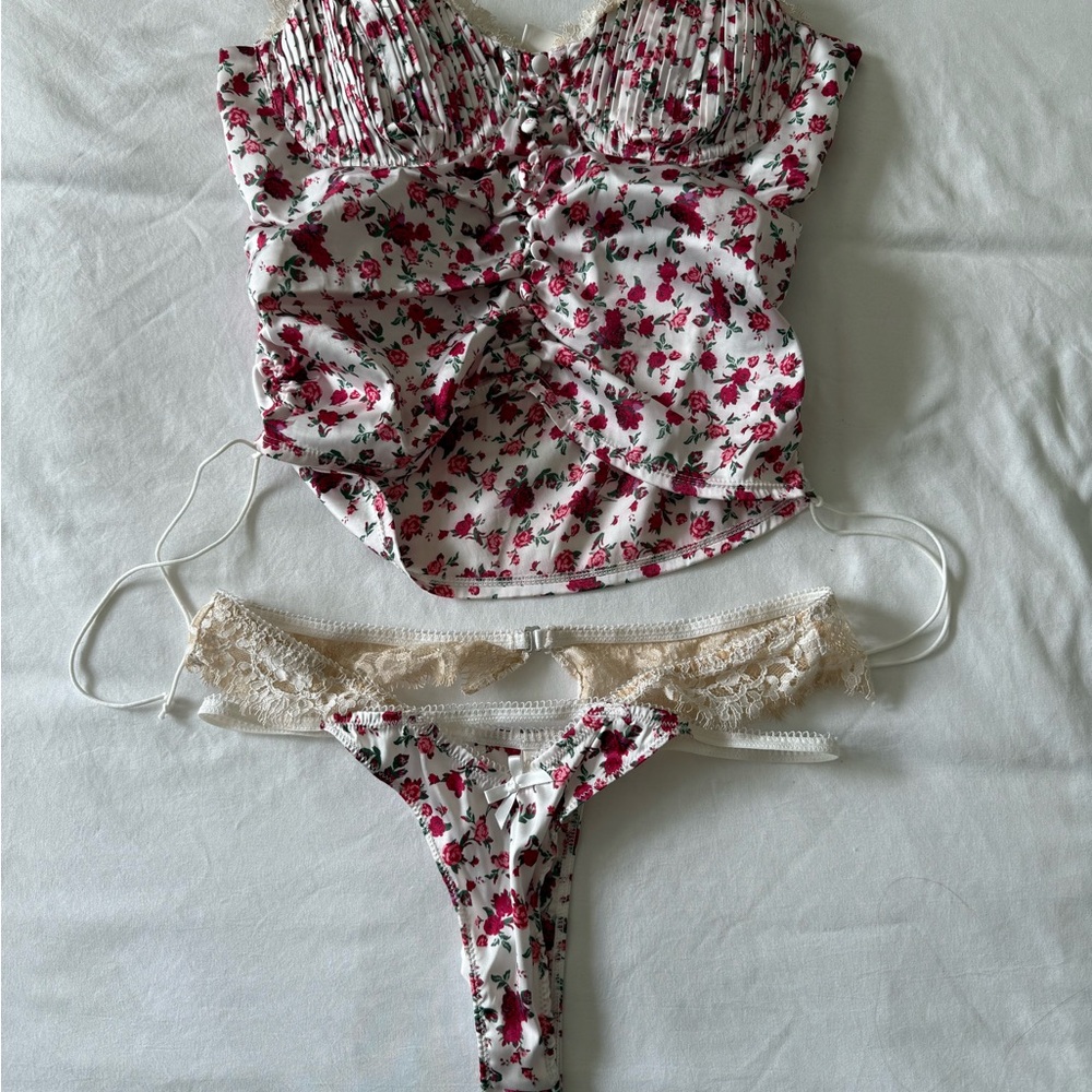For Love And Lemons Floral Ruched Top and Lace Thong Set